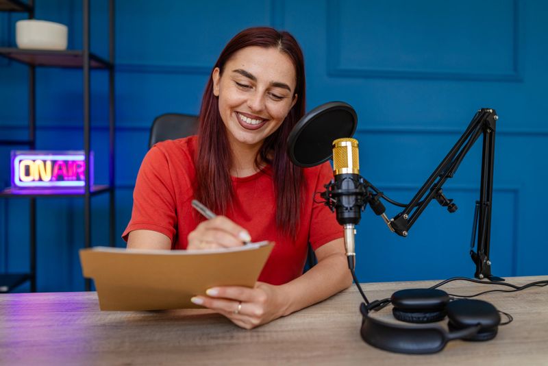 In a bright studio, a young woman with red hair is happily writing notes while preparing for her podcast. A microphone and headphones are set up nearby, indicating a creative work environment.