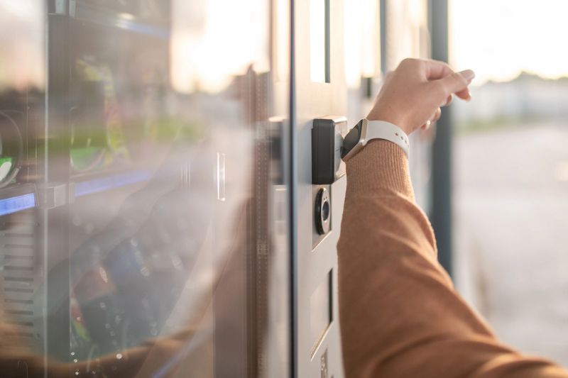 A young Caucasian female is using her smartwatch to make a contactless payment at a vending machine. She is wearing a casual sweater while interacting with the machine, featuring a modern payment system.