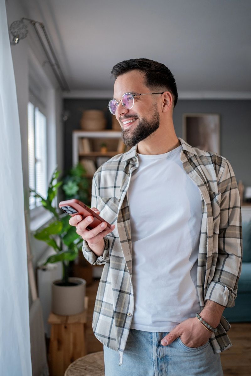 Happy young man using a smartphone while looking away, standing next to a window in a modern apartment, enjoying a moment of relaxation and connection in a bright, cozy space
