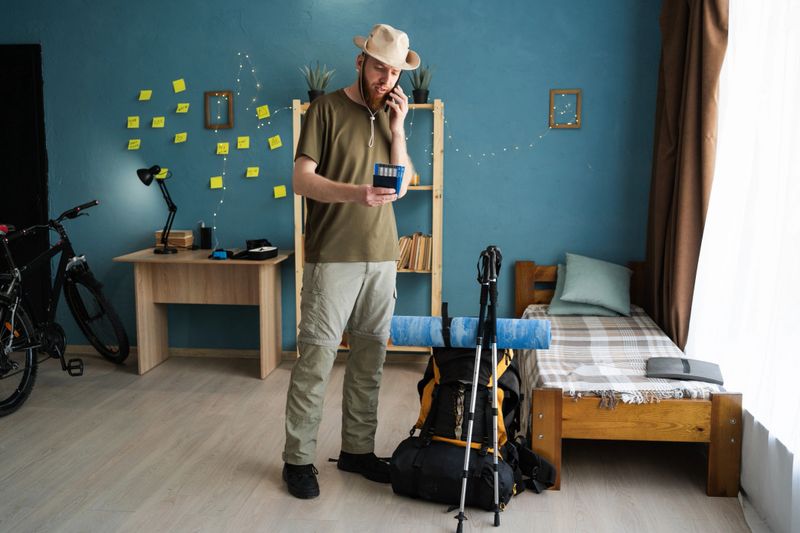traveler before hiking mountain trip. Bearded man standing at home holding passport and travel tickets with backpack, preparing for hiking vacation, booking trip, organizing mountain adventure