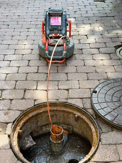 Inspection camera device inserted into a sewer manhole on a brick pavement.