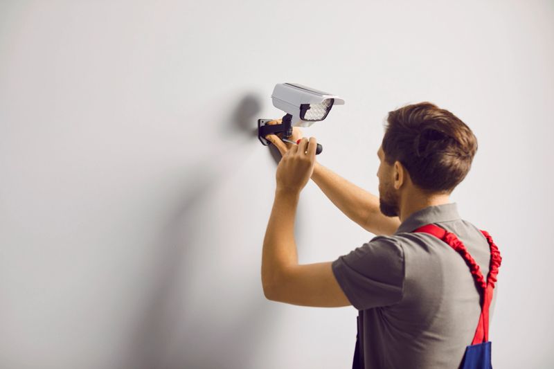 Portrait of a young technician man standing back installing surveillance CCTV camera on the wall indoors. Male worker using screwdriver while fixing security camera in modern office or at home.