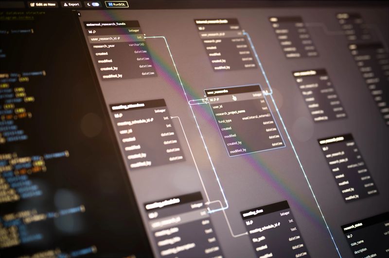 Detailed view of entity relationship diagram (ERD) with SQL code on a computer screen, illustrating database relationships and system structure for backend software architecture projects.