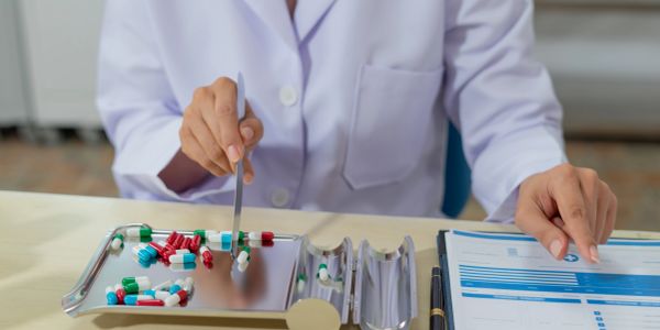 Pharmacist handling capsules and using a chart.