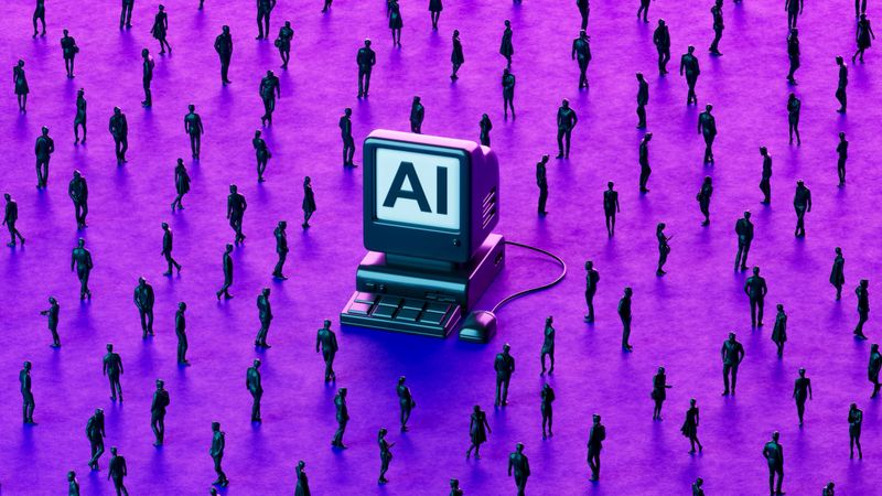 A digitally generated image featuring an old-style computer monitor displaying the letters “AI,” set against a futuristic neon-lit background filled with a monochrome business crowd. The scene blends retro computing with modern business aesthetics, symbolizing the journey of artificial intelligence from its early beginnings to its growing role in today’s corporate world. Ideal for illustrating themes of digital evolution, business transformation, AI adoption, and technology-driven innovation.