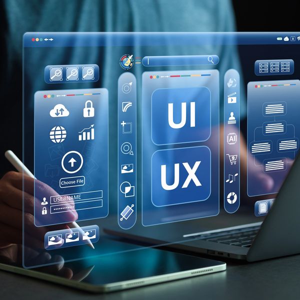 Person interacting with futuristic UI/UX digital interface on tablet and laptop.