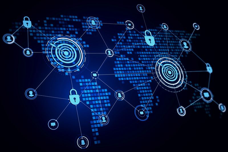 Digital cybersecurity background showing locks, user icons, and data nodes on a blue world map light grid, representing a global network concept. 3D Rendering.