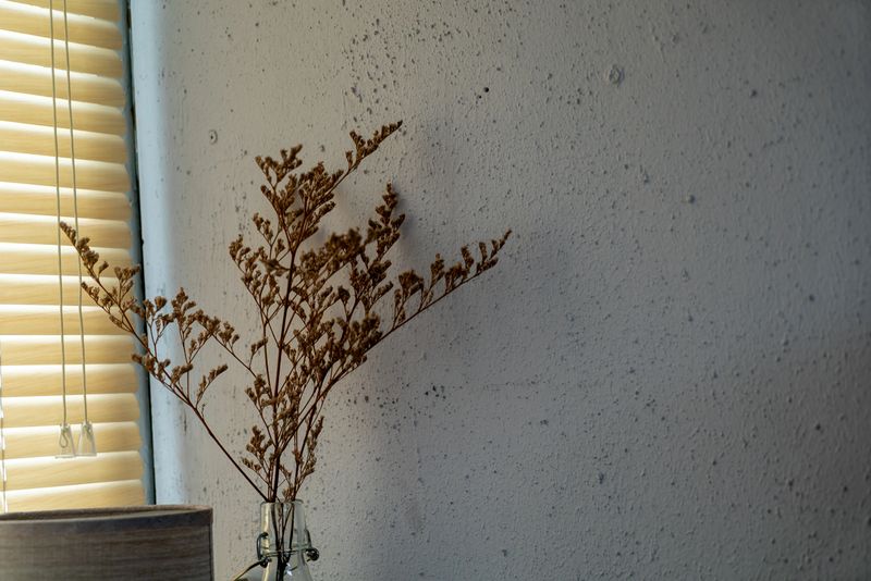 A serene composition featuring dried flowers in a glass vase against a textured concrete wall. This aesthetic captures the essence of minimalism and tranquility.