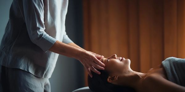 A person receiving a relaxing head massage in a calm setting.