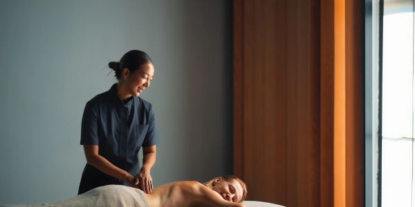 Massage therapist giving a back massage to a woman.