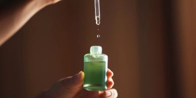 A hand holding a green bottle with a dropper releasing a drop.