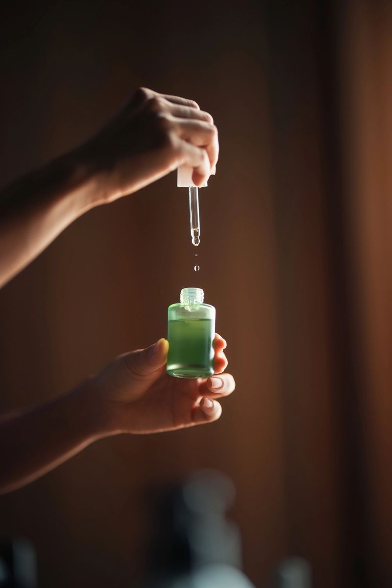 Close-up of a hand using a dropper to dispense green liquid into a glass bottle, symbolizing skincare, health, or chemistry in a soft, warm light against a blurred background.
