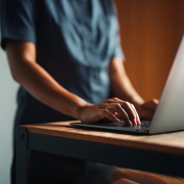 Person typing on a laptop at a wooden desk.