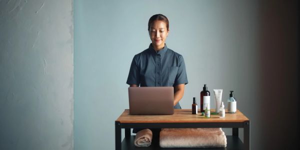 Woman working on laptop at table with skincare products.