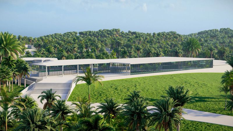 A contemporary architectural glass building surrounded by lush greenery, set against a serene sky and palm trees
