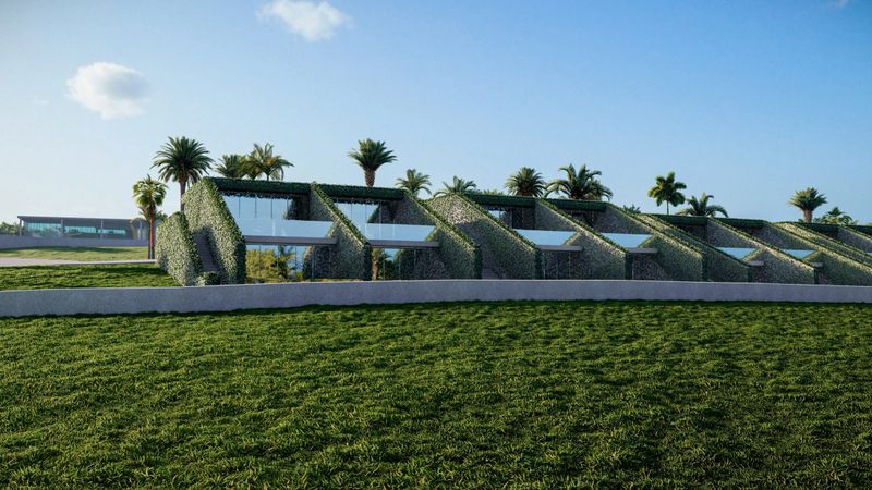 Architectural design of contemporary eco-friendly residential semi detached terraced houses featuring a lush green roof. Palm trees frame the scenery, emphasizing a modern and environmentally integrated aesthetic in a sunny climate.