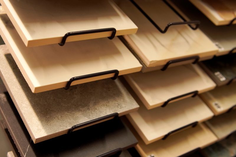 Ceramic tiles samples displaying various colors and textures are neatly arranged on a metal rack in a showroom, offering a wide selection for interior design projects