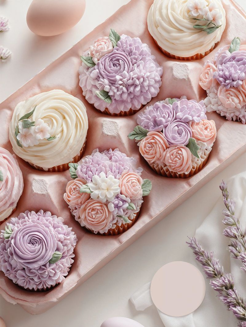 A selection of exquisite cupcakes arranged in a soft pink box features intricate floral designs in pastel colors.
