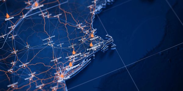 Digital map showing the northeastern US region with city markers.