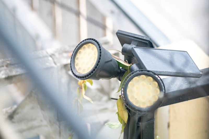 This image showcases solar LED spotlights accentuated with plant elements, ideal for highlighting outdoor spaces and enhancing garden aesthetics.