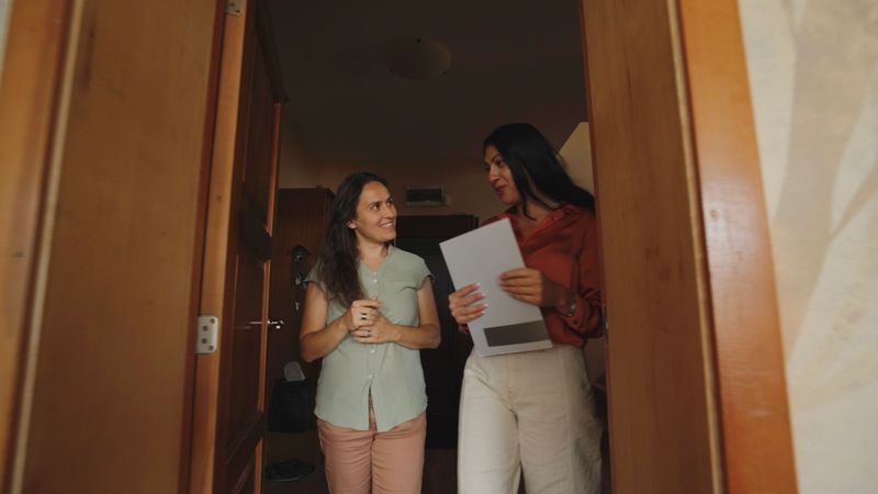 Female real estate agent is showing to woman a modern house for sale, doing house tour & giving advice on mortgage loan. All are happy and smiling.