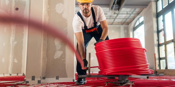 Construction worker handling red flexible tubing.