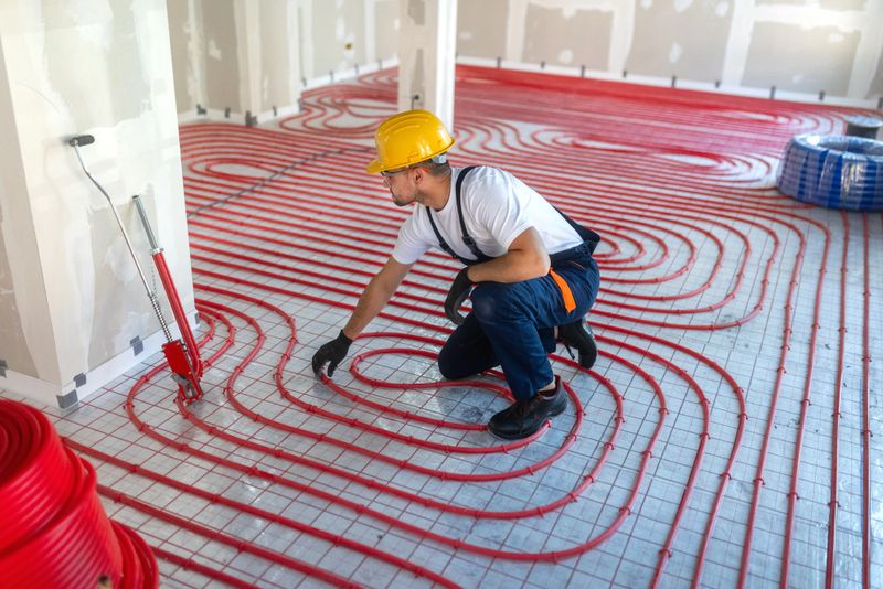 Worker installing underfloor heating in a new building, energy saving  technology, smart home
