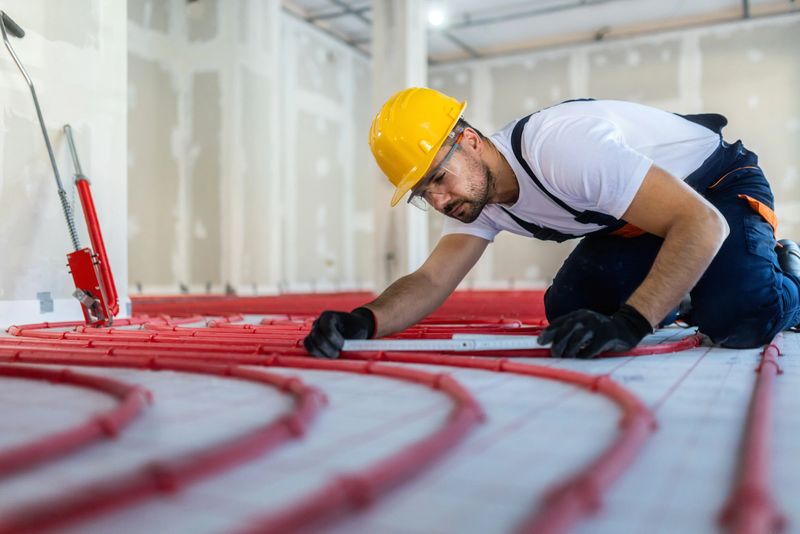 Worker installing underfloor heating in a new building, energy saving  technology, smart home