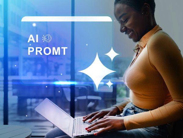 Woman using laptop with AI prompt graphics overlay.