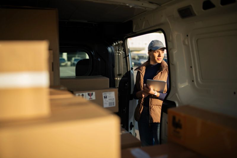 Female delivery worker using digital tablet to search for parcels in delivery van.