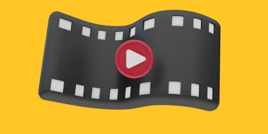 3D film strip with play button on yellow background.