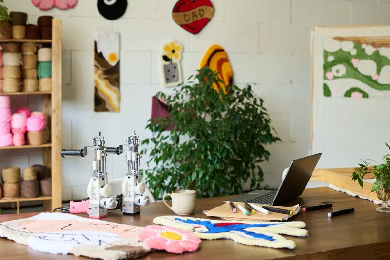 Carpet workshop table displaying tufting machines, unfinished handmade rugs, colored yarn spools, sketchbook with pencils, laptop and coffee mug, wall decorated with textile samples