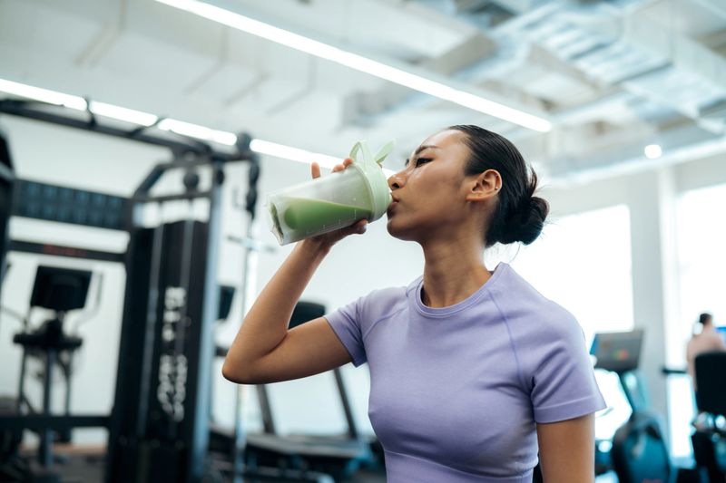 Asian athlete drinking health shake after training session