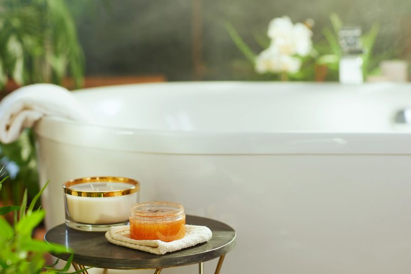 A pristine white bathtub scene with a side table: lit scented candle & open body scrub. Lush green plants & natural light enhance this luxurious, peaceful home spa setting.