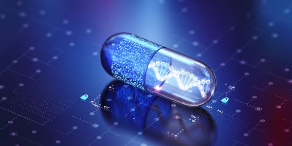 A digital capsule containing a glowing DNA strand on a futuristic circuit board.