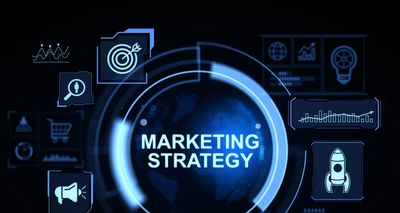 Digital marketing strategy with various analytics icons.