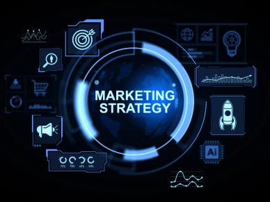 Digital marketing strategy concept with AI and analytics icons.