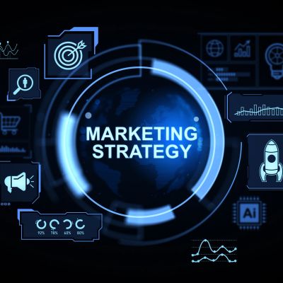 Digital marketing strategy concept with technology icons.