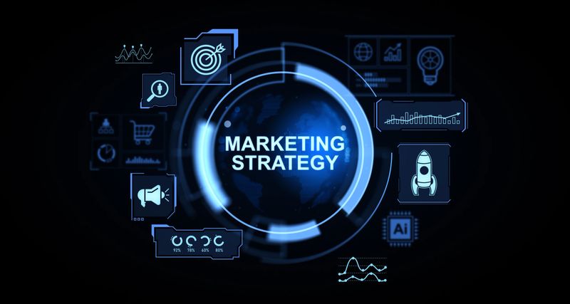 Digital interface showing a marketing strategy concept with futuristic HUD design, glowing blue elements, and data icons on a dark background. 3D Rendering