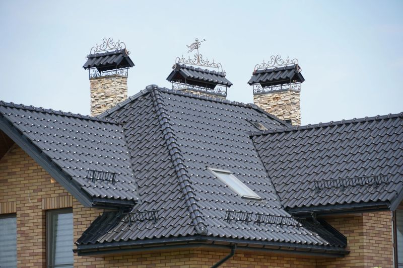 Rooftop showcasing decorative chimneys and a sleek design on a contemporary house under a clear sky during daylight.