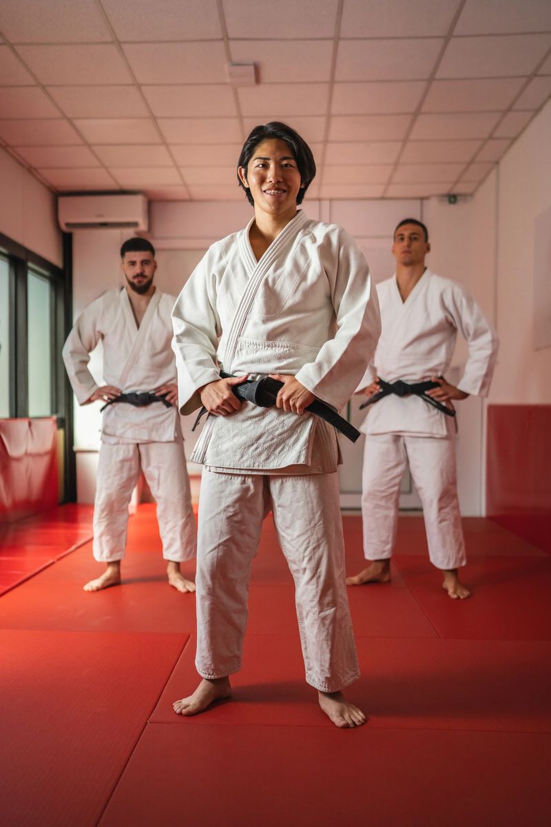 Three confident martial arts athletes standing proudly on a red mat in their dojo, wearing white kimonos and black belts, demonstrating their skill and dedication to their practice