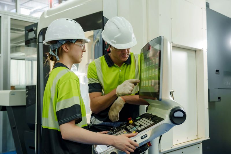 Female engineer and male technician working together on automation interface during robotic training inside industry 4.0 factory focusing on precision control and workflow process