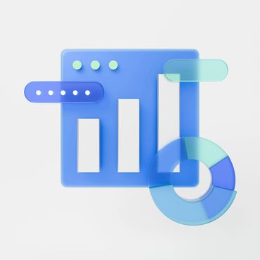 A 3D blue analytics dashboard with bar and pie charts.