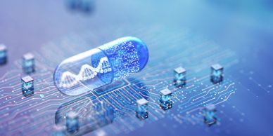 Digital capsule with DNA strand on a circuit board.