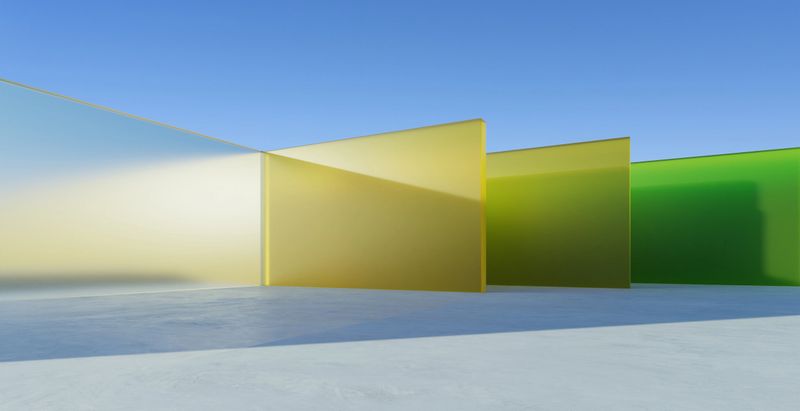 Modern architecture glass panels creating colorful shadows on concrete floor under blue sky. 3d rendering
