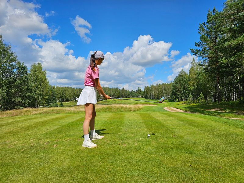 Golfer prepares to swing at a lush green course under a blue sky in the summer