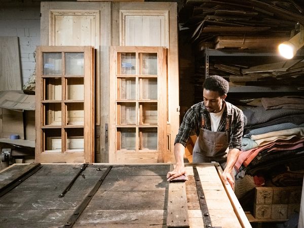 A man sanding wood in a workshop with wooden doors in the background.