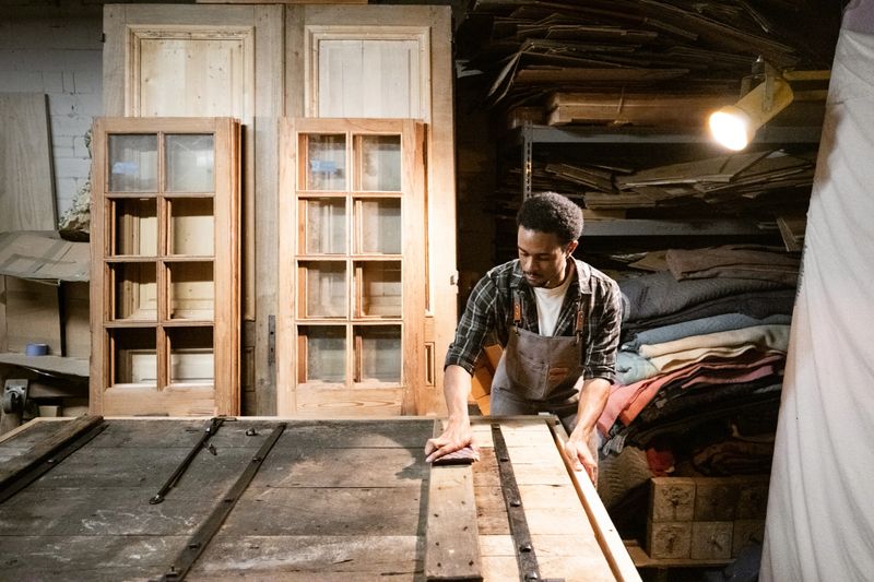 Carpenter restoring and old door in the workshop