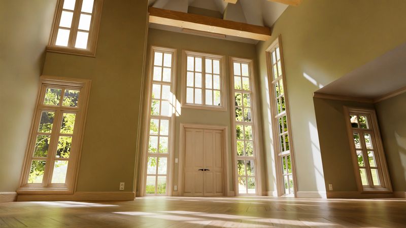 Sun shining through tall windows in an empty room with parquet flooring, creating a bright and airy atmosphere