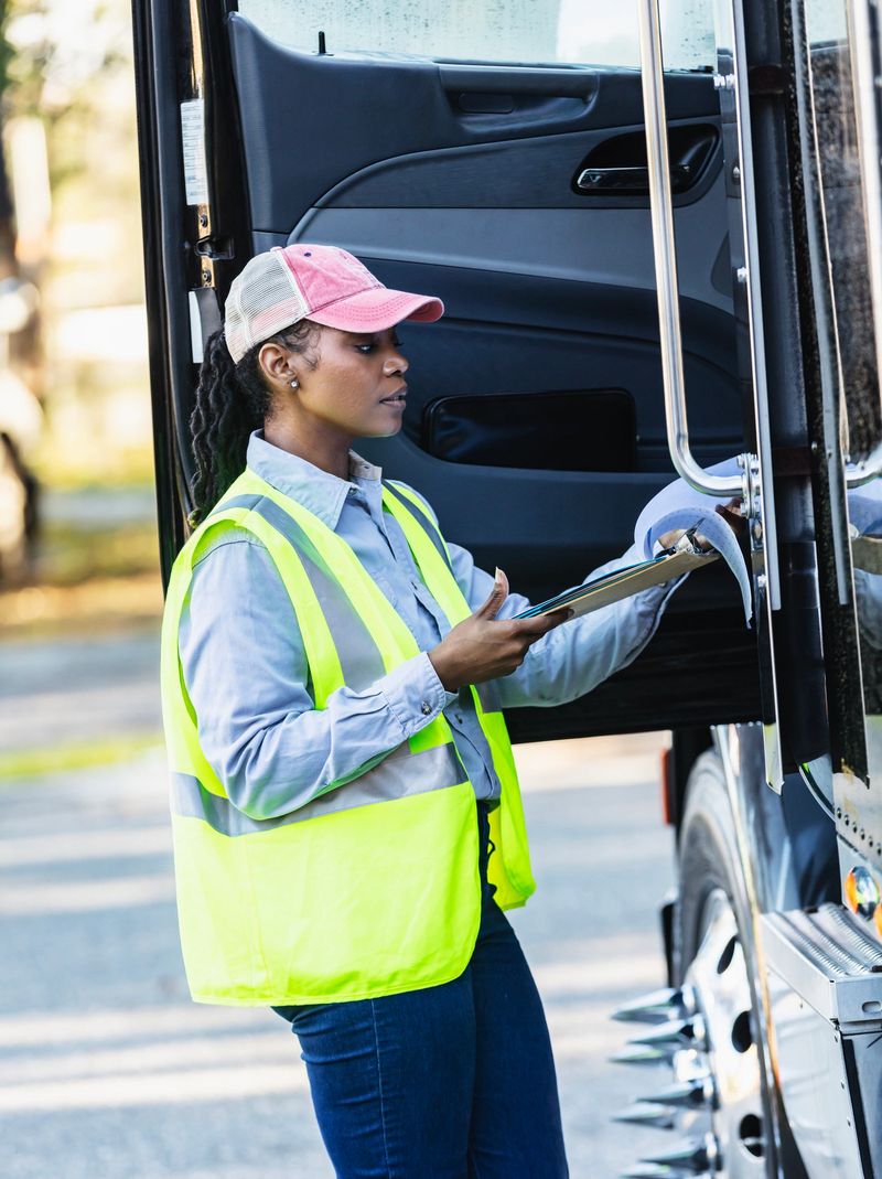 A mid adult African-American woman standing by the open door of a semi-truck holding a clipboard. She is a truck driver or perhaps the manager or  owner of a trucking company.